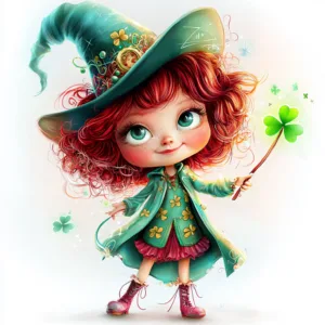 A whimsical red-haired character wearing a green hat and dress joyfully dances in a field of clovers