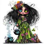 A whimsical witch with a flowing purple cloak holds a crystal ball surrounded by swirling magical sparkles