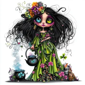 A whimsical witch with a flowing purple cloak holds a crystal ball surrounded by swirling magical sparkles