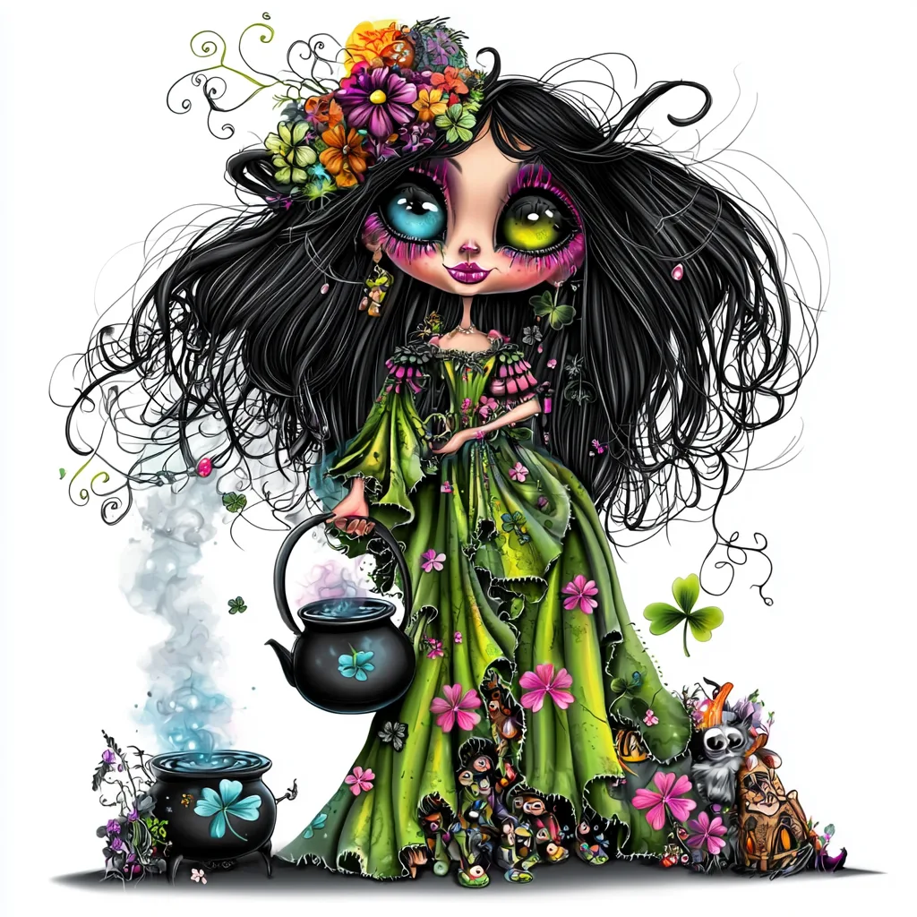 A whimsical witch with a flowing purple cloak holds a crystal ball surrounded by swirling magical sparkles