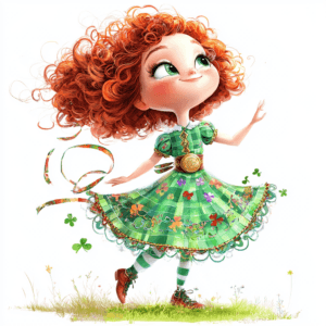 An adorable curly-haired character in a bright red dress twirls gracefully with her arms raised