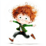 A delightful illustration of a boy in a green cap energetically tapping his feet on a wooden floor