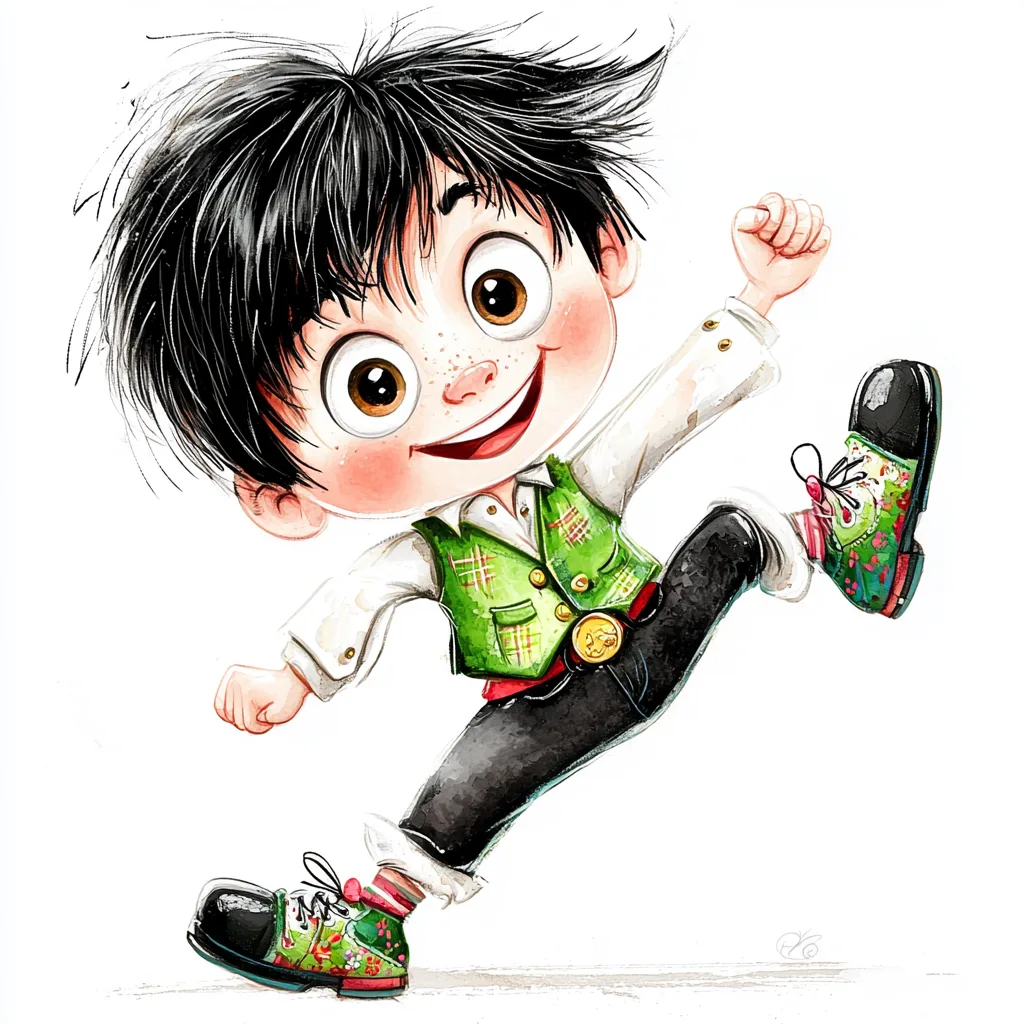 A whimsical illustration of a cheerful child performing a traditional Irish dance with a big smile