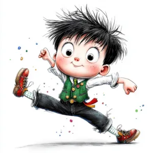 A lively boy in a green vest and black shoes joyfully dancing with arms raised