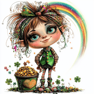 A whimsical leprechaun wearing a green hat and holding a pot of gold under a colorful rainbow