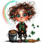 A lively leprechaun painting a colorful mural of rainbows and shamrocks on a wooden fence