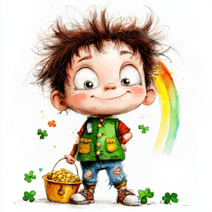 A whimsical leprechaun character joyfully dancing beneath a vibrant rainbow with a pot of gold at the end