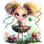 A whimsical forest sprite with colorful wings dancing among vibrant wildflowers and mushrooms
