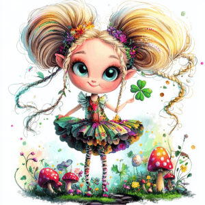 A whimsical forest sprite with colorful wings dancing among vibrant wildflowers and mushrooms