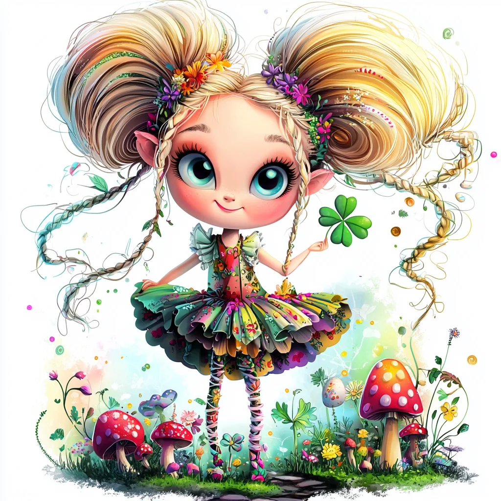 A whimsical forest sprite with colorful wings dancing among vibrant wildflowers and mushrooms