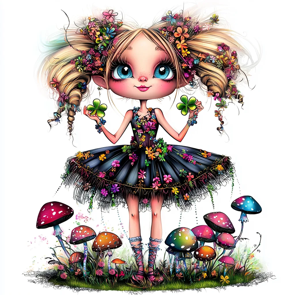A charming fairy with flowing pink hair surrounded by delicate flowers and leafy vines