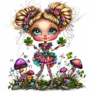 A whimsical forest sprite with vibrant green wings sitting on a colorful mushroom