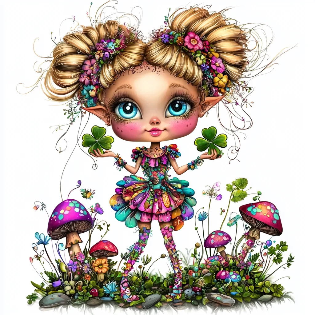 A whimsical forest sprite with vibrant green wings sitting on a colorful mushroom