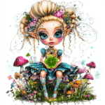 A cute forest sprite with sparkling eyes and a flower crown sitting in a patch of grass