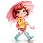 A whimsical girl with a bright yellow umbrella joyfully dancing in the rain under colorful raindrops