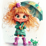 An imaginative girl wearing colorful boots happily jumping in a puddle with her umbrella raised