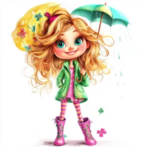 A whimsical blonde girl joyfully dancing in the rain while holding a bright yellow umbrella