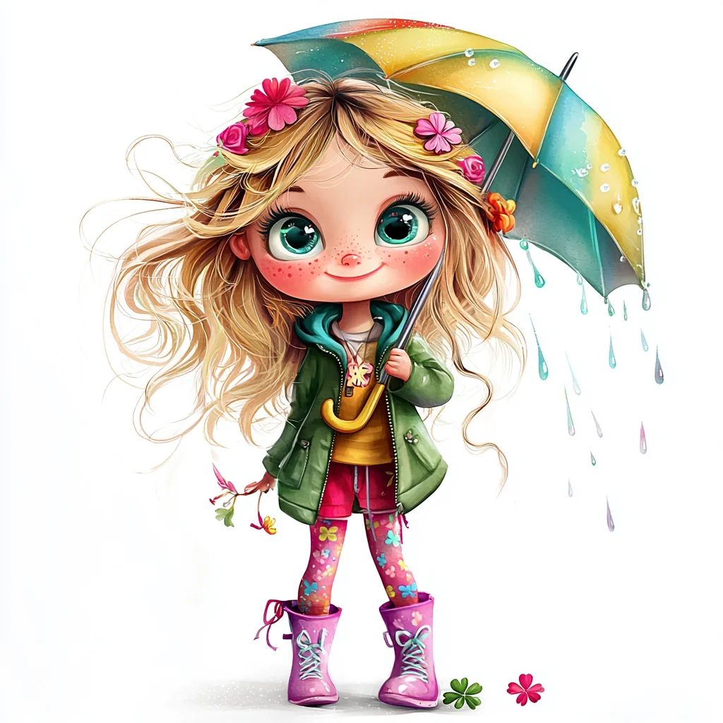 A charming illustration of a playful girl wearing a pink raincoat splashing in puddles with her umbrella