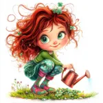 A whimsical red-haired fairy dancing among vibrant green leaves and colorful flowers