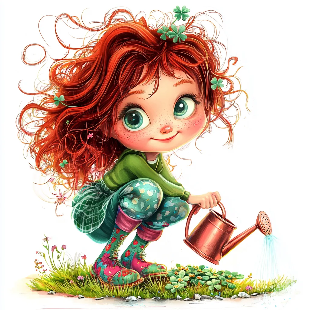 A whimsical red-haired fairy dancing among vibrant green leaves and colorful flowers