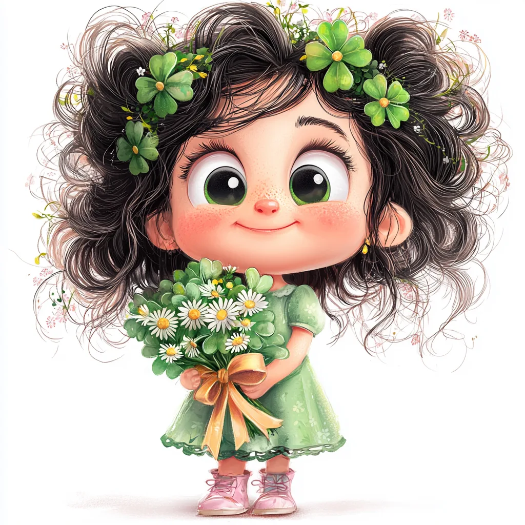 A playful character wearing a bright green dress sits among colorful flowers with a big smile