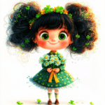 A whimsical girl with clover leaves in her hair joyfully dances in a field of vibrant green grass