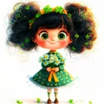A whimsical girl with clover leaves in her hair joyfully dances in a field of vibrant green grass