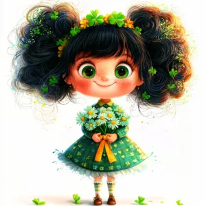 A whimsical girl with clover leaves in her hair joyfully dances in a field of vibrant green grass