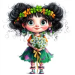 A whimsical steampunk girl with vibrant purple hair adorned with colorful flowers and intricate gears