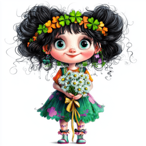 A whimsical steampunk girl with vibrant purple hair adorned with colorful flowers and intricate gears