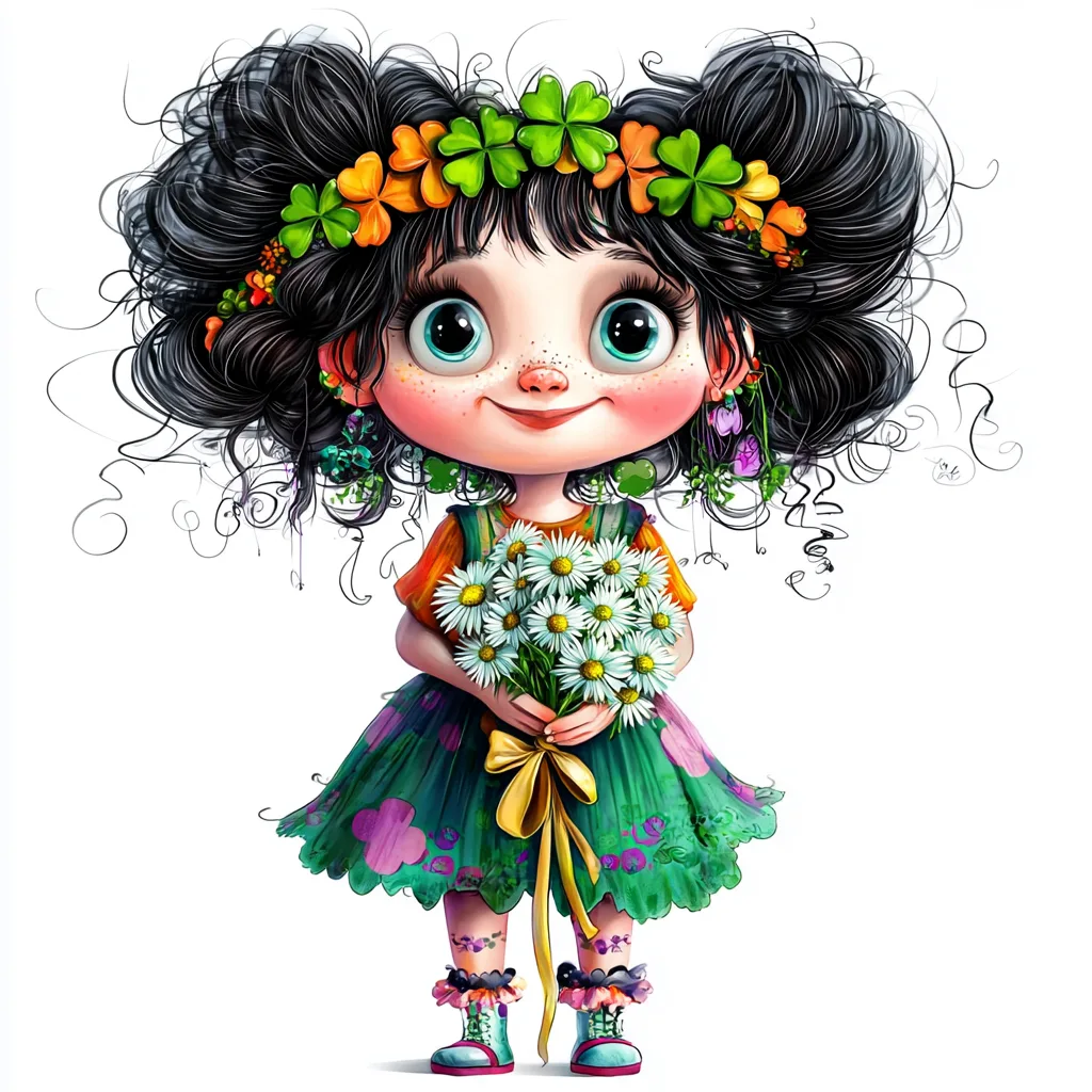 A whimsical steampunk girl with vibrant purple hair adorned with colorful flowers and intricate gears