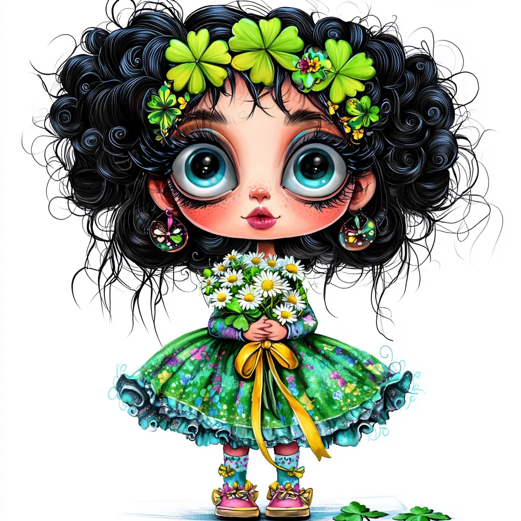 A quirky character wearing a floral dress and oversized goggles holding a bouquet of bright daisies