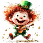 A whimsical leprechaun dancing joyfully on a patch of lush green grass wearing a bright green suit