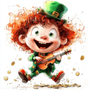 A whimsical leprechaun dancing joyfully on a patch of lush green grass wearing a bright green suit