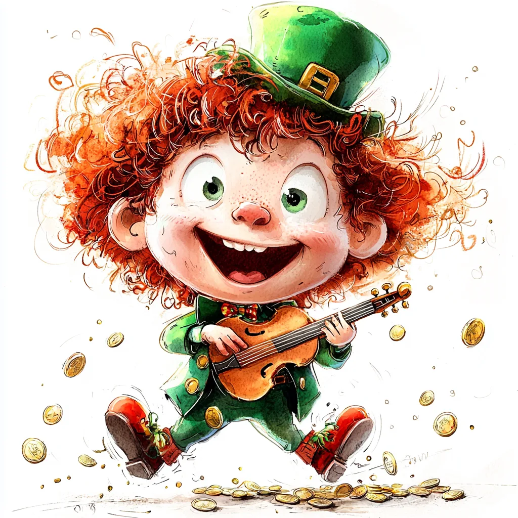 A whimsical leprechaun dancing joyfully on a patch of lush green grass wearing a bright green suit