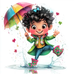 A joyful leprechaun character dancing under a rainbow umbrella with colorful raindrops falling around