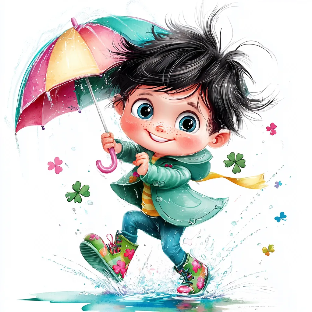 A whimsical leprechaun playfully splashing in puddles while holding a vibrant rainbow umbrella