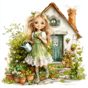 A playful girl wearing a flower crown joyfully picking colorful flowers in a lush green garden