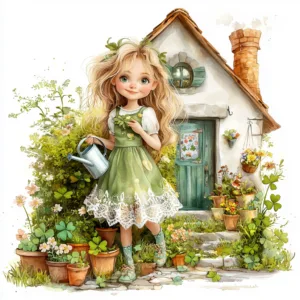 A playful girl wearing a flower crown joyfully picking colorful flowers in a lush green garden