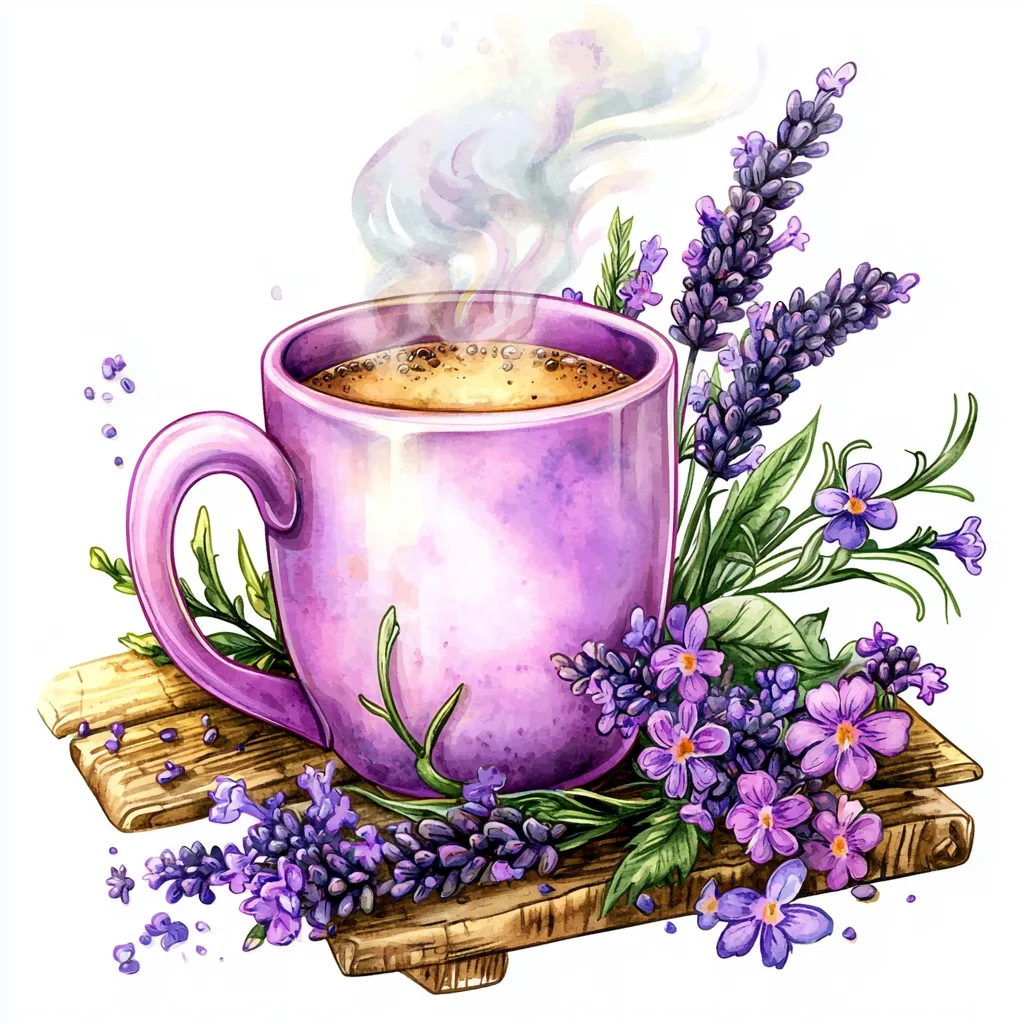 A whimsical lavender mug resting on a soft pink tablecloth adorned with tiny flowers