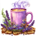 A pastel lavender mug filled with steaming coffee surrounded by delicate lavender sprigs
