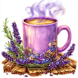 A pastel lavender mug filled with steaming coffee surrounded by delicate lavender sprigs