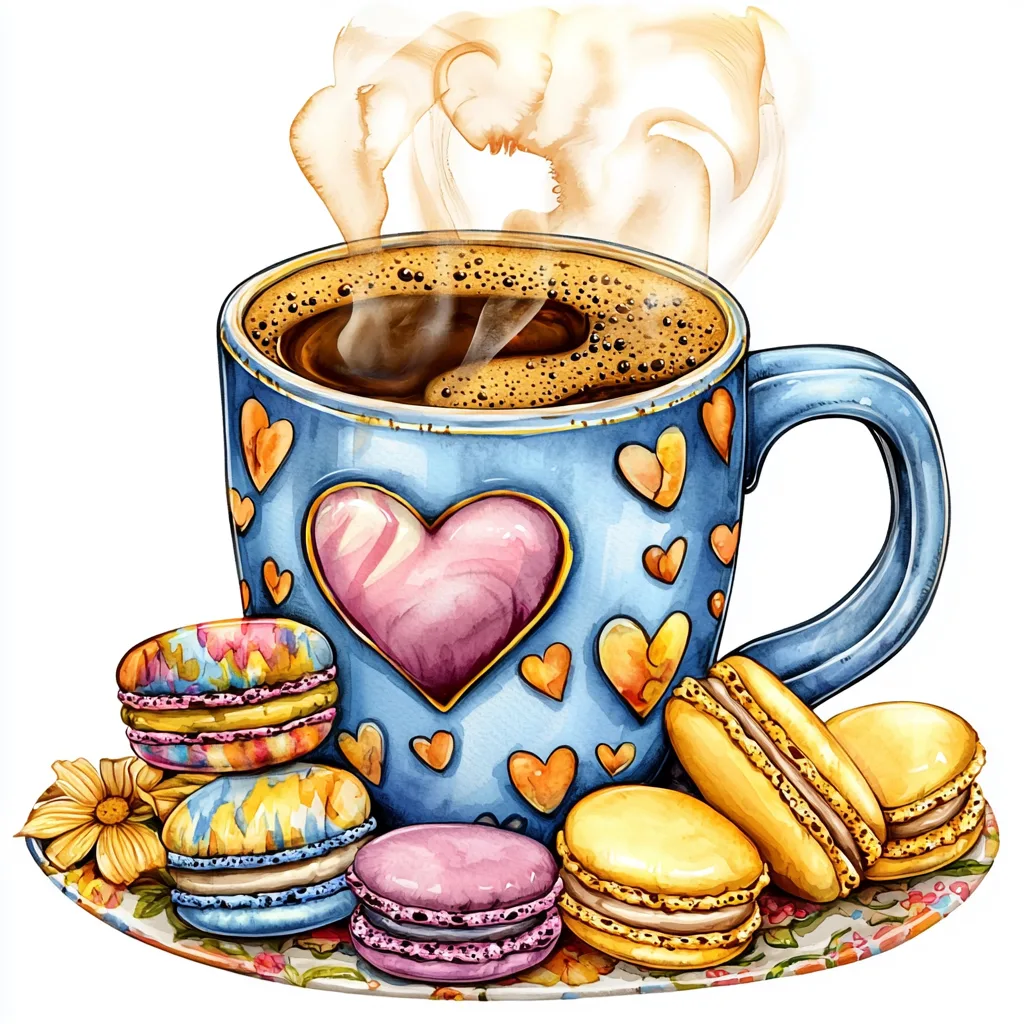 A whimsical mug design featuring hearts and swirls with a stack of macarons in soft hues