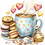 A cozy coffee mug with a smiling face surrounded by colorful macarons on a pastel background
