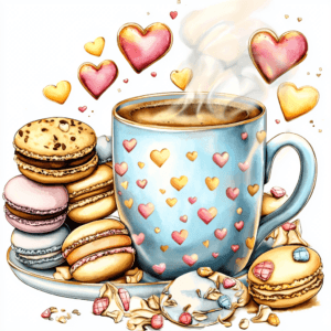 A cozy coffee mug with a smiling face surrounded by colorful macarons on a pastel background