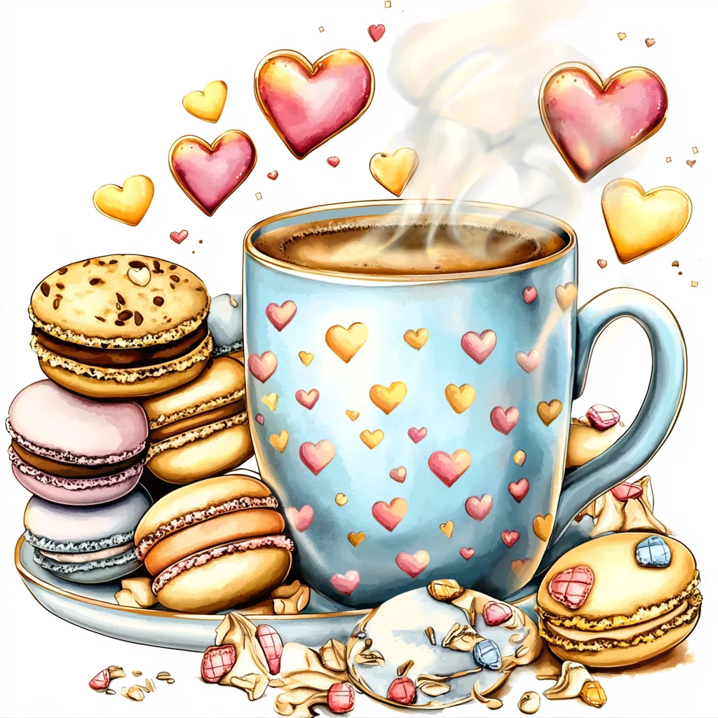 A cozy coffee mug with a smiling face surrounded by colorful macarons on a pastel background