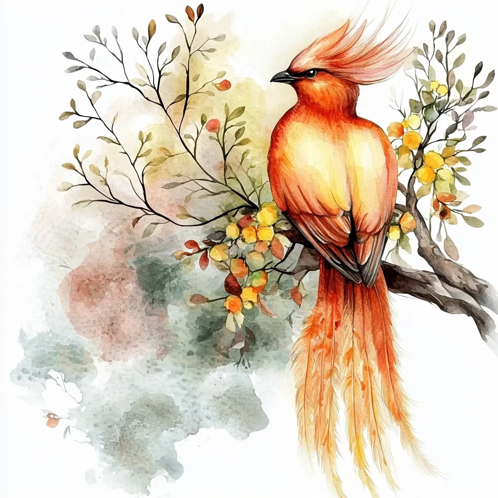 A graceful phoenix perched elegantly on a blooming branch surrounded by delicate pink and purple flowers