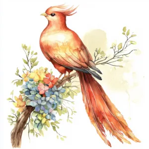 A majestic phoenix with vibrant red and gold feathers soaring through a sky filled with soft clouds