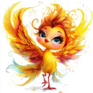 A vibrant phoenix with fiery red and orange feathers soaring against a bright blue sky