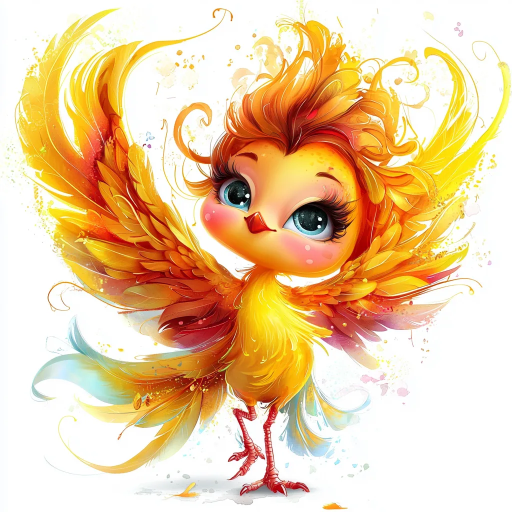 A vibrant phoenix with fiery red and orange feathers soaring against a bright blue sky